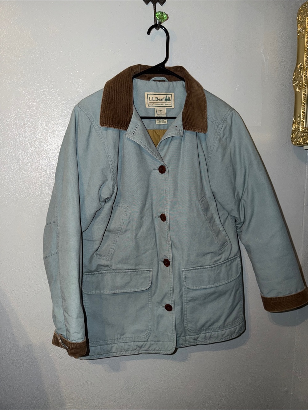 L.L. Bean Women's Light Blue Canvas Utility Jacket with Brown Corduroy Trim